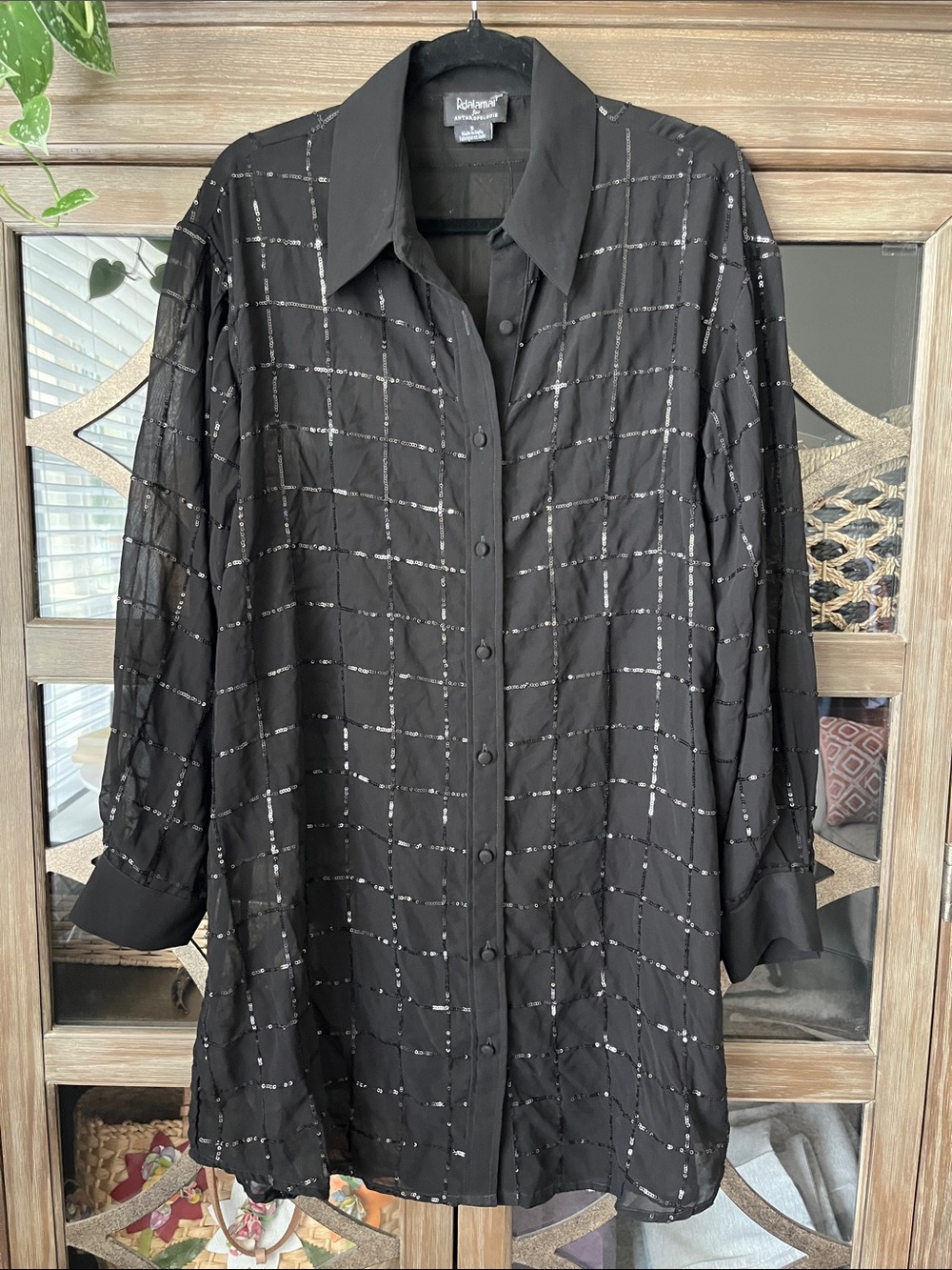 Anthropologie Black Sequin Sheer Grid Button Down Dress